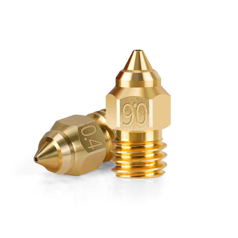 Two brass nozzles, produced by 3D Printing Perth - Cirrus Link, are engraved with "0.4" and "90," indicating their size, making them ideal for the Creality Ender-3 CR-6.