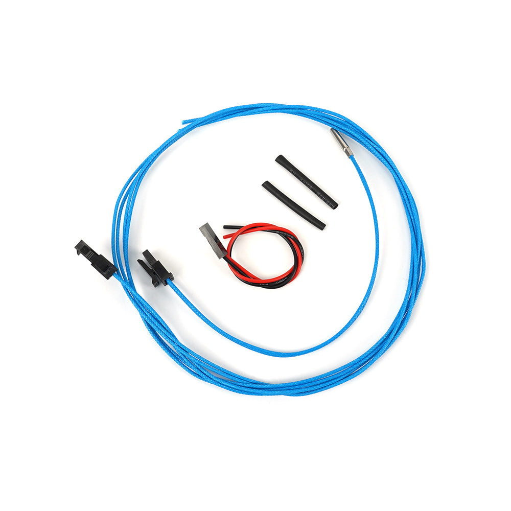 The PT1000 High Temperature Platinum Thermistor Sensor Probe by 3D Printing Perth - Cirrus Link includes connectors, black heat shrink tubes, and red and black wires set against a white background.