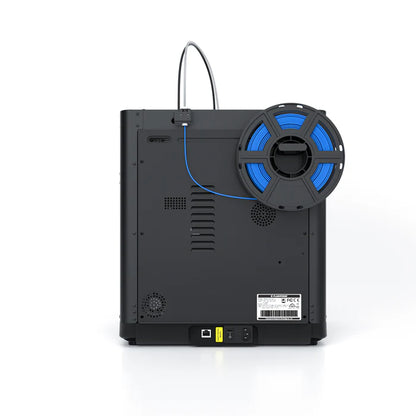 Back view of a black 3D Printer FlashForge Adventurer 5M - High-Speed Direct Extruder with a blue filament spool attached, showing ventilation slits and connectivity ports, designed for high-performance 3D printing.