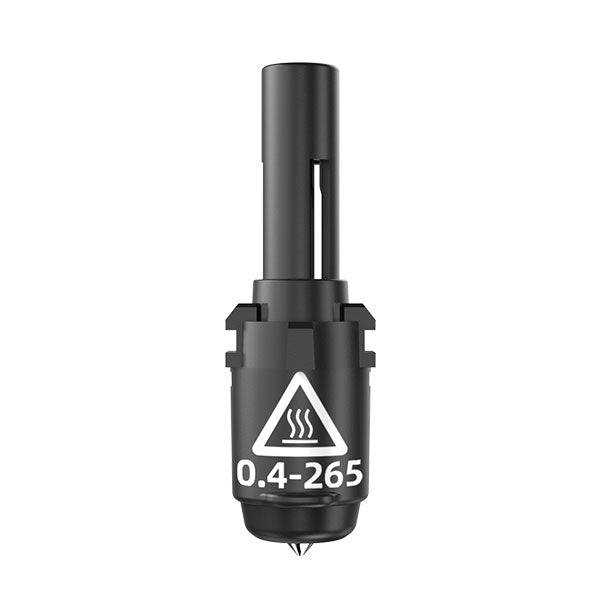 A close-up of a black nozzle from the Flashforge 0.4mm 265℃ Nozzle Kit for Adventurer 4 Series, ideal for high-temperature 3D printing. It features "0.4-265" and a heat warning symbol, highlighting its precision and durability with an advanced design.