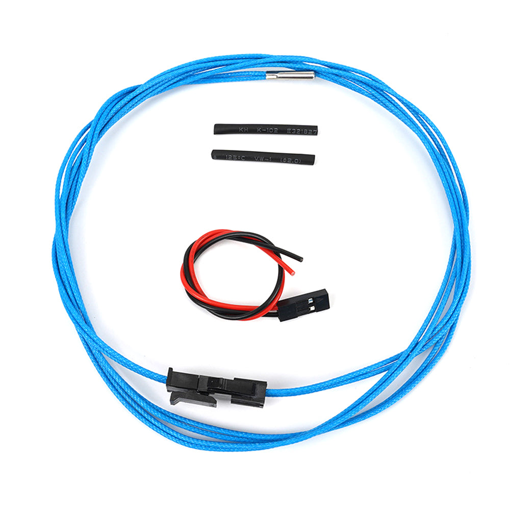 The PT1000 High Temperature Platinum Thermistor Sensor Probe by 3D Printing Perth - Cirrus Link includes a blue cable with connectors, black and red wire with a plug, and two small black components. Designed for demanding 3D printing environments, it features high-temp resistance ideal for sensor applications.
