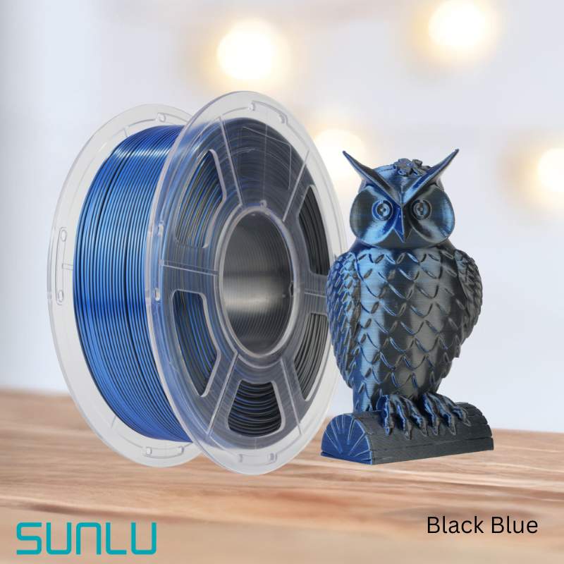 An eco-friendly owl figurine in the vibrant shade of blue with SUNLU PLA+ Silk Dual Colour 1.75mm 3D Printing Filament.
