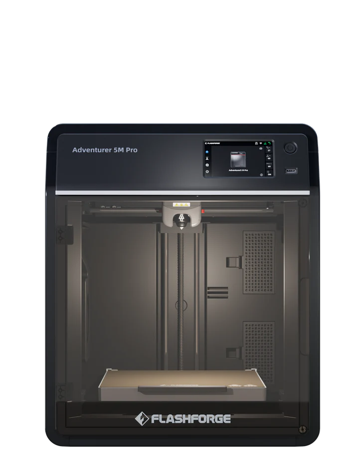 Front view of the FlashForge Adventurer 5M Pro 3D printer by FlashForge, featuring a transparent door that reveals the print bed. Quick & Easy Setup makes it ideal for fast home or school printing.