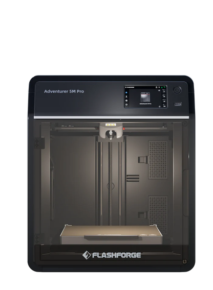 Front view of the FlashForge Adventurer 5M Pro 3D printer by FlashForge, featuring a transparent door that reveals the print bed. Quick & Easy Setup makes it ideal for fast home or school printing.