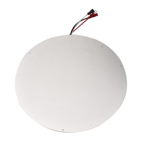A white circular plate with wires on it designed for 3D printing, known as the FLSUN Flsun SR Aluminum Heated Bed.