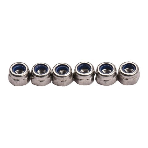 A row of stainless steel nuts on a white background, 3D printed using the FLSUN Flsun SR Aluminum Heated Bed.