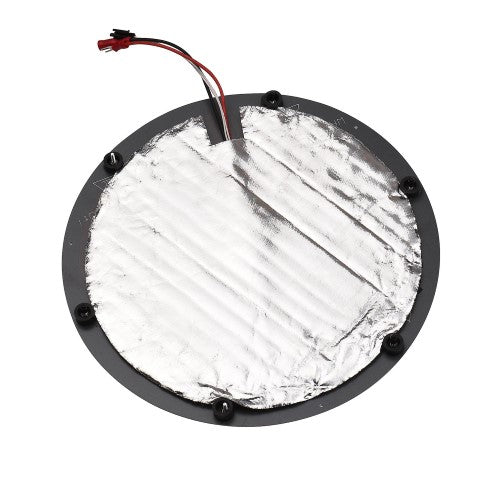 A round FLSUN aluminum heated bed with a wire attached to it, suitable for 3D printing on the Flsun SR.