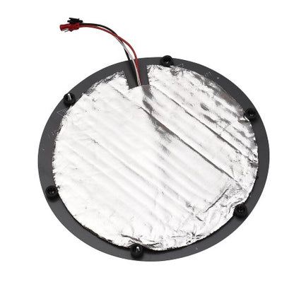 A round FLSUN aluminum heated bed with a wire attached to it, suitable for 3D printing on the Flsun SR.