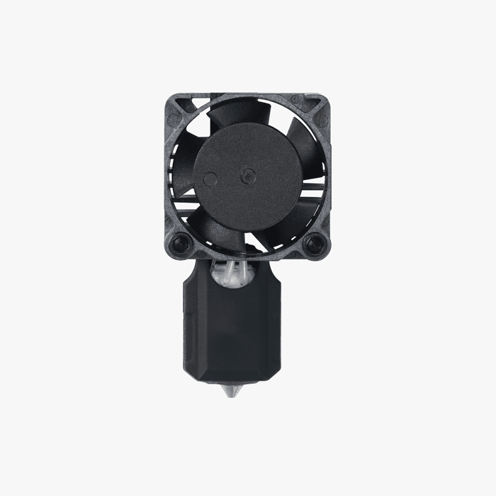 A black cooling fan is mounted on the rectangular Bambu Lab Hotend – X1C Series Compatible motor housing for high-speed extrusion, viewed from above against a plain white background.