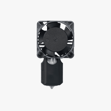 A black cooling fan is mounted on the rectangular Bambu Lab Hotend – X1C Series Compatible motor housing for high-speed extrusion, viewed from above against a plain white background.