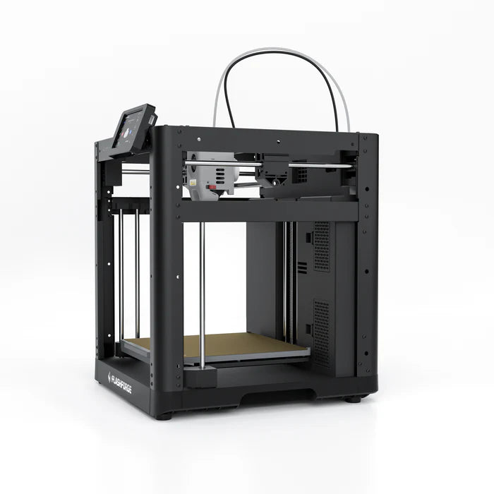 A black 3D Printer FlashForge Adventurer 5M - High-Speed Direct Extruder with a square build platform and a control screen on the top left corner. Known for its high printing speed, this high-performance 3D printer is situated on a white background.