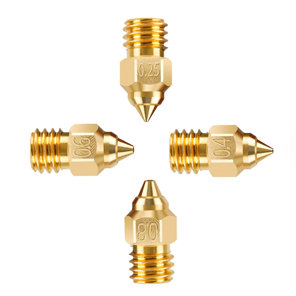Four brass nozzles by 3D Printing Perth - Cirrus Link for Creality Ender-3 CR-6, showcased against a white background.