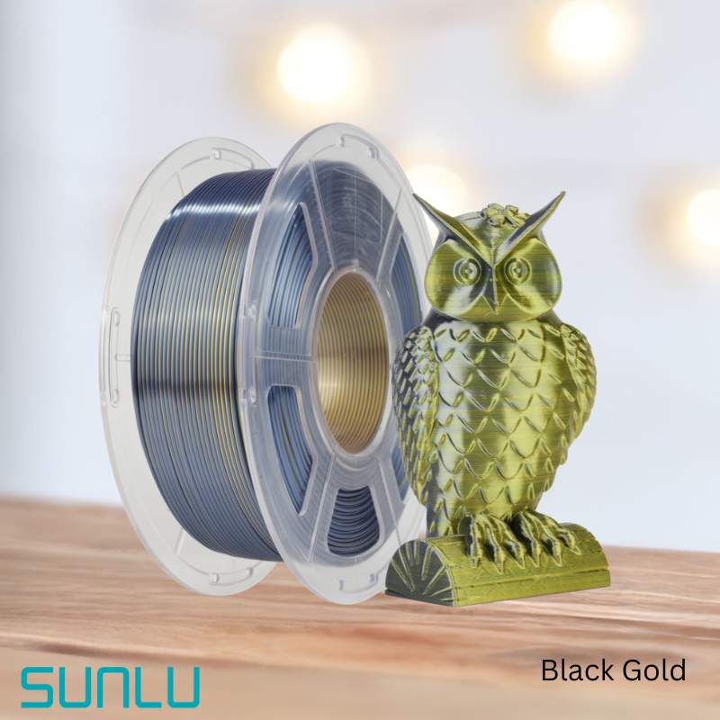 A spool of eco-friendly SUNLU PLA+ Silk Dual Colour 1.75mm 3D Printing Filament next to an owl figurine.