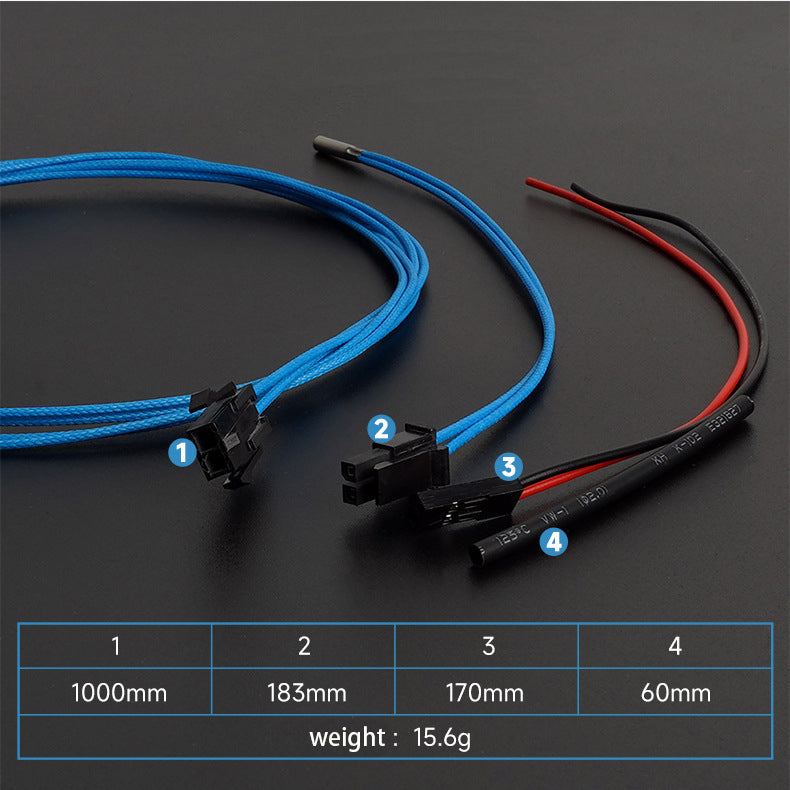 Four cables described: a long blue, two medium blue with connectors, and a short black/red. Total weight: 15.6g. Suitable for 3D printing setups, certain models include high-temp resistance or PT1000 sensor integration by 3D Printing Perth - Cirrus Link for precision tasks.
.