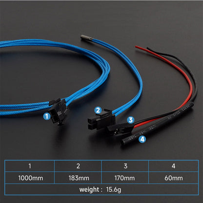 Four cables described: a long blue, two medium blue with connectors, and a short black/red. Total weight: 15.6g. Suitable for 3D printing setups, certain models include high-temp resistance or PT1000 sensor integration by 3D Printing Perth - Cirrus Link for precision tasks.
.
