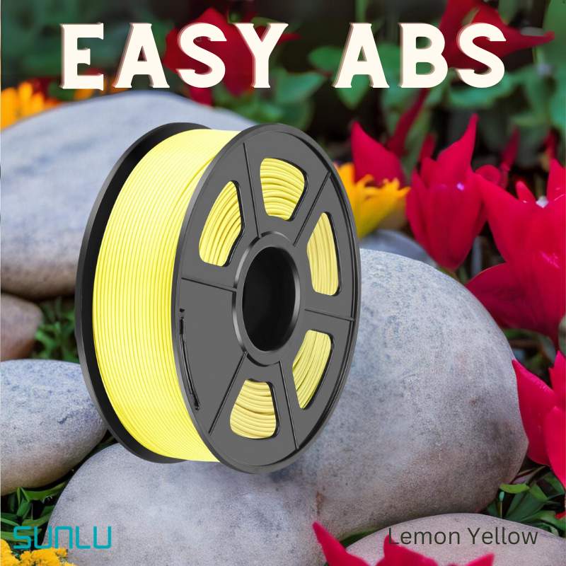 A spool of lemon yellow SUNLU Easy ABS 1.75mm 3D Printing Filament is shown on rocks among colorful flowers, with “EASY ABS” displayed above.