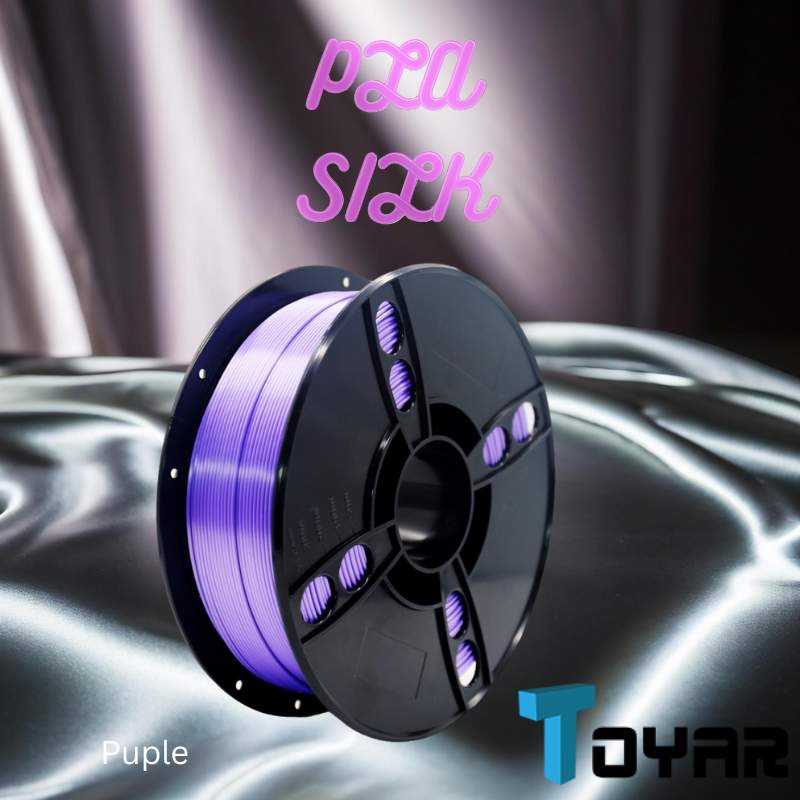 A purple spool of eco-friendly Toyar PLA Silk Standard Colour filament on a silver surface for 3D printing.