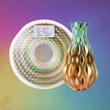 An image showcasing a vibrant 3D printing filament, creating multicolor prints resembling the beautiful Hello3D PLA SILK Rainbow Colour.