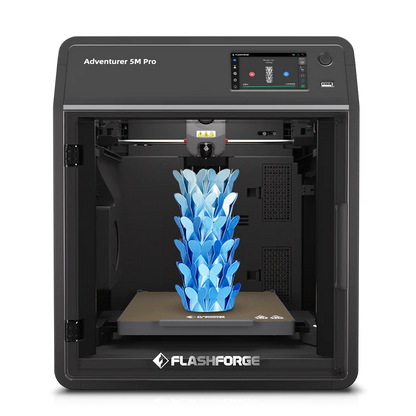 The FlashForge Adventurer 5M Pro, a fast-printing 3D printer from FlashForge, is printing a blue, leaf-like sculpture inside its enclosed chamber.