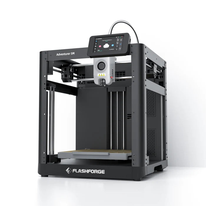 The FlashForge 3D Printer FlashForge Adventurer 5M - High-Speed Direct Extruder features a touch screen control panel, enclosed build area, high printing speed, and a sleek black design.