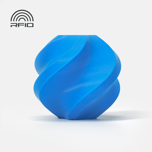 A blue, spiral-shaped 3D print made from 1.75mm Bambu Lab Filament - PLA Matte by 3D Printing Perth - Cirrus Link sits on a white background, with an RFID symbol in the top left corner.