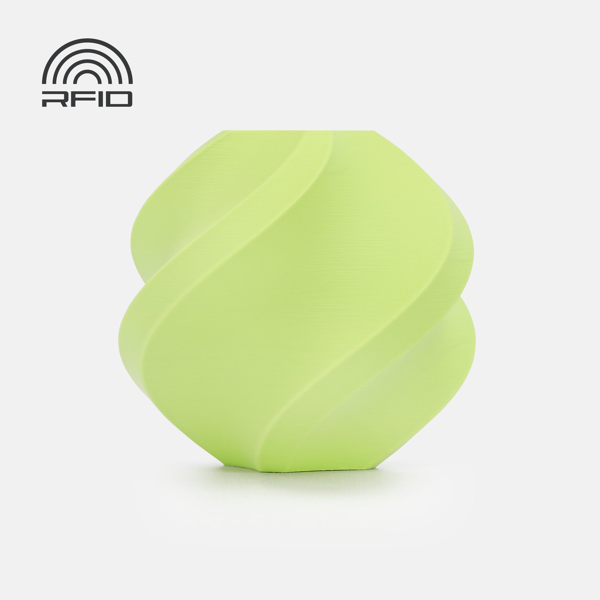 A biodegradable, light green vase with a spiral pattern, 3D printed using BambuLab Filament Matte by 3D Printing Perth - Cirrus Link, sits on a white background with an RFID symbol in the top left corner.