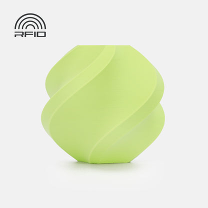A biodegradable, light green vase with a spiral pattern, 3D printed using BambuLab Filament Matte by 3D Printing Perth - Cirrus Link, sits on a white background with an RFID symbol in the top left corner.