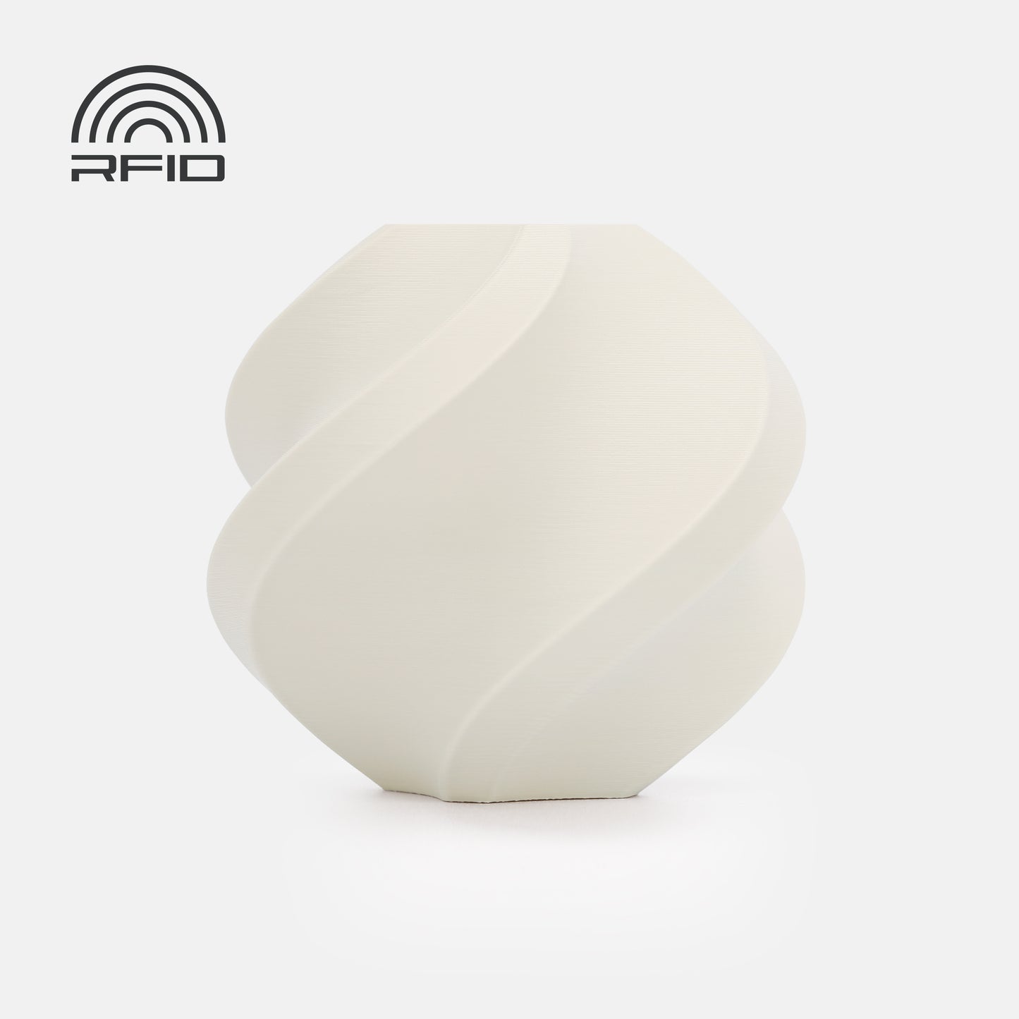 The BambuLab Filament Matte vase by 3D Printing Perth - Cirrus Link is white, modern, spiral-shaped with a matte finish and features an RFID symbol in the top left corner on a plain light background.