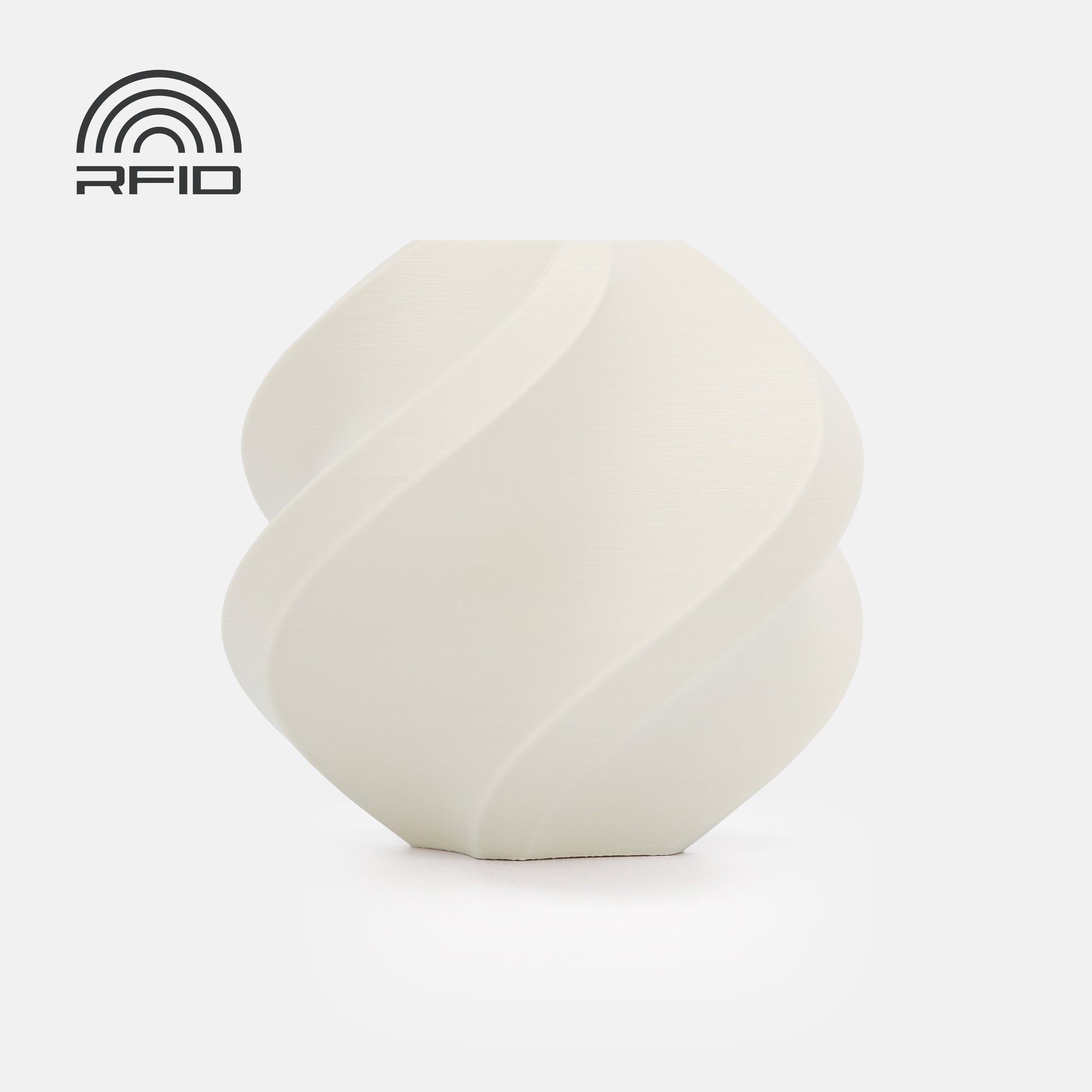 The BambuLab Filament Matte vase by 3D Printing Perth - Cirrus Link is white, modern, spiral-shaped with a matte finish and features an RFID symbol in the top left corner on a plain light background.