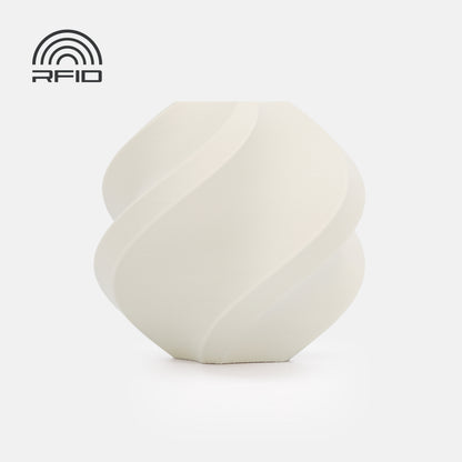 The BambuLab Filament Matte vase by 3D Printing Perth - Cirrus Link is white, modern, spiral-shaped with a matte finish and features an RFID symbol in the top left corner on a plain light background.