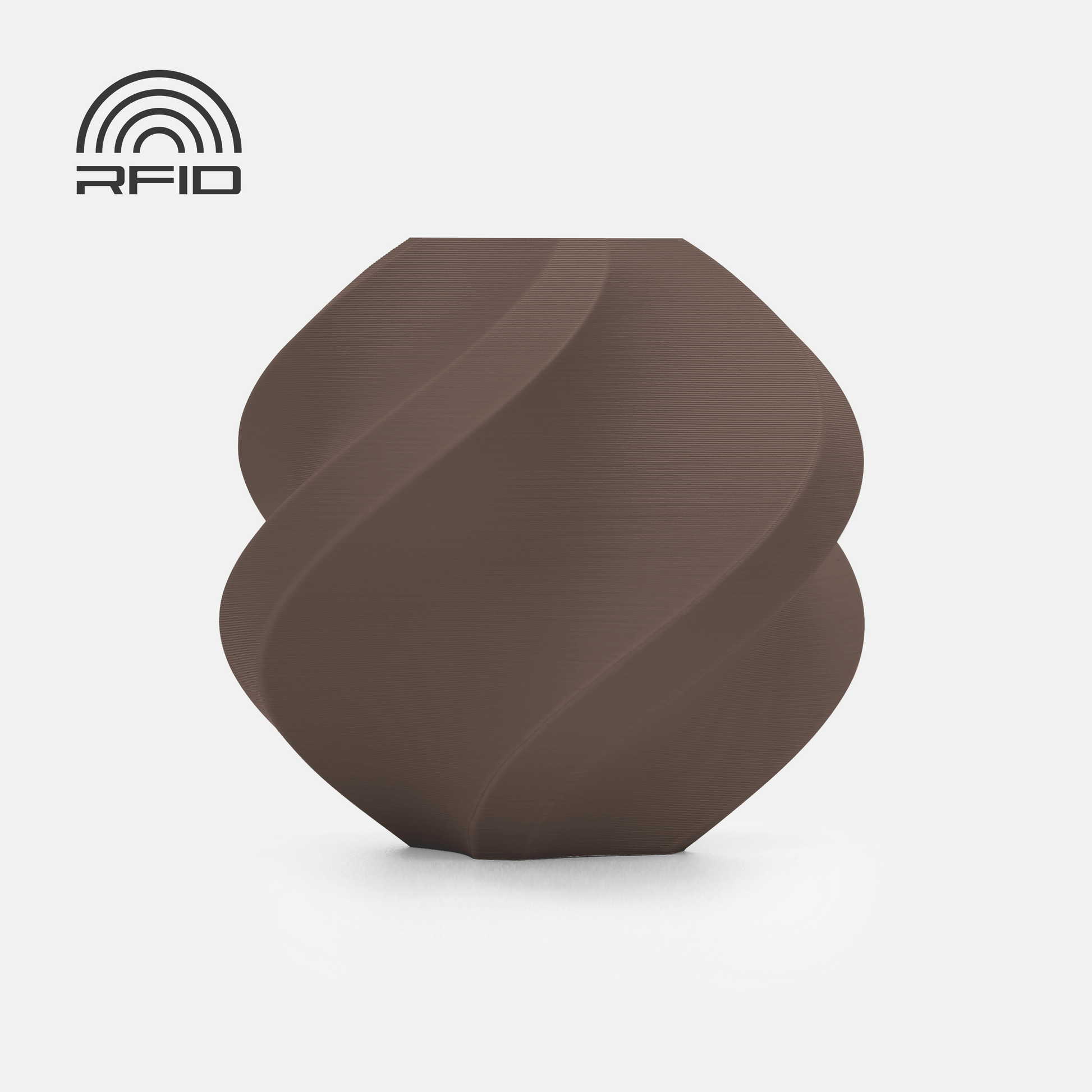 A matte brown BambuLab Filament from 3D Printing Perth - Cirrus Link features a geometric spiral pattern and an RFID icon in the upper left corner, displayed on a white background.