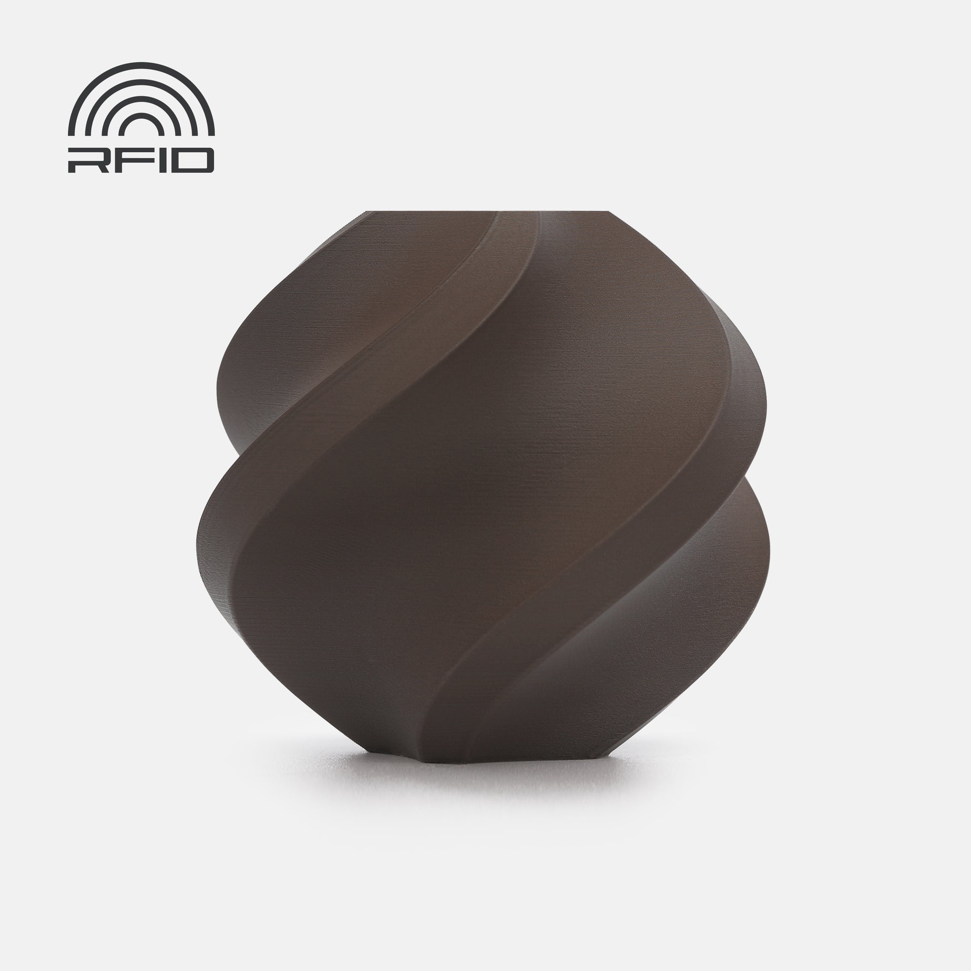 The BambuLab Filament Matte vase by 3D Printing Perth - Cirrus Link is a dark brown, matte-finished, geometrically twisted piece displayed on a white background with an RFID symbol in the top left corner.