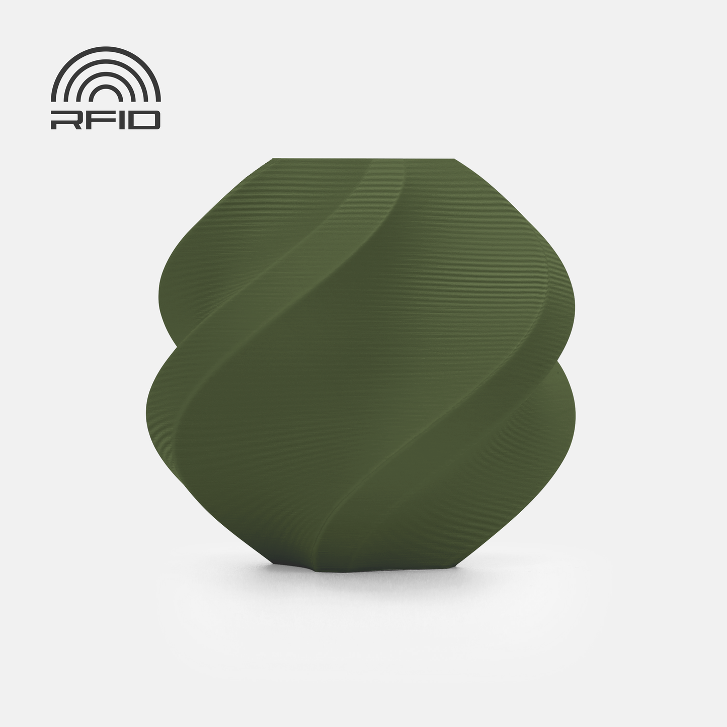 A round, matte-finished BambuLab Filament Matte by 3D Printing Perth - Cirrus Link in dark green with a spiral pattern and an RFID symbol in the top left corner, displayed on a white background.