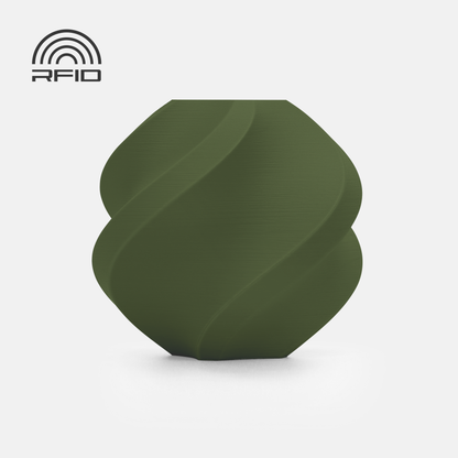A round, matte-finished BambuLab Filament Matte by 3D Printing Perth - Cirrus Link in dark green with a spiral pattern and an RFID symbol in the top left corner, displayed on a white background.