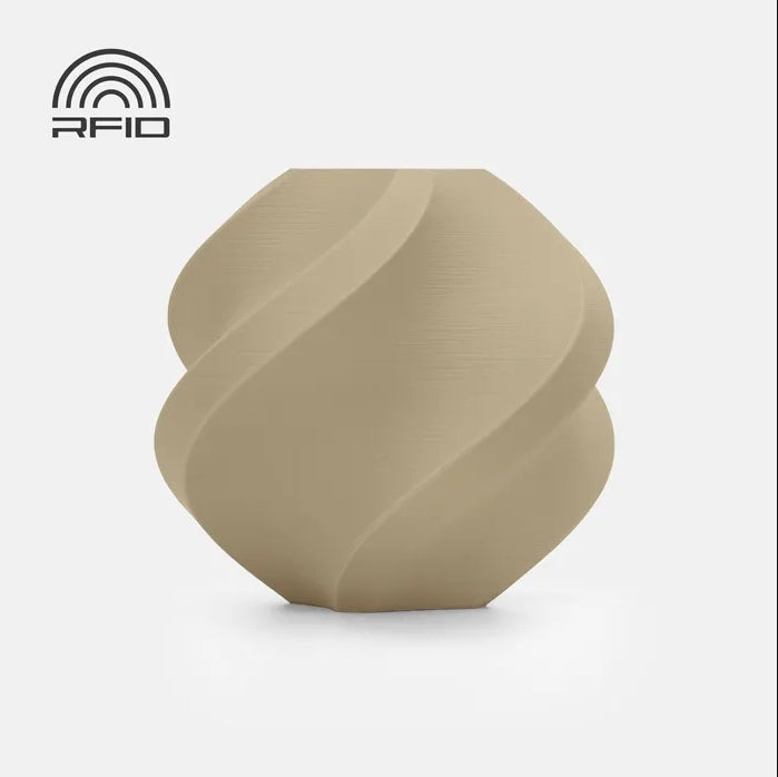 A beige, round vase with a spiral design, made from Bambu Lab Filament - PLA Matte by Bambu Lab, sits on a white background. An RFID symbol appears in the top left corner.