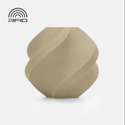 A beige, round vase with a spiral design, made from Bambu Lab Filament - PLA Matte by Bambu Lab, sits on a white background. An RFID symbol appears in the top left corner.
