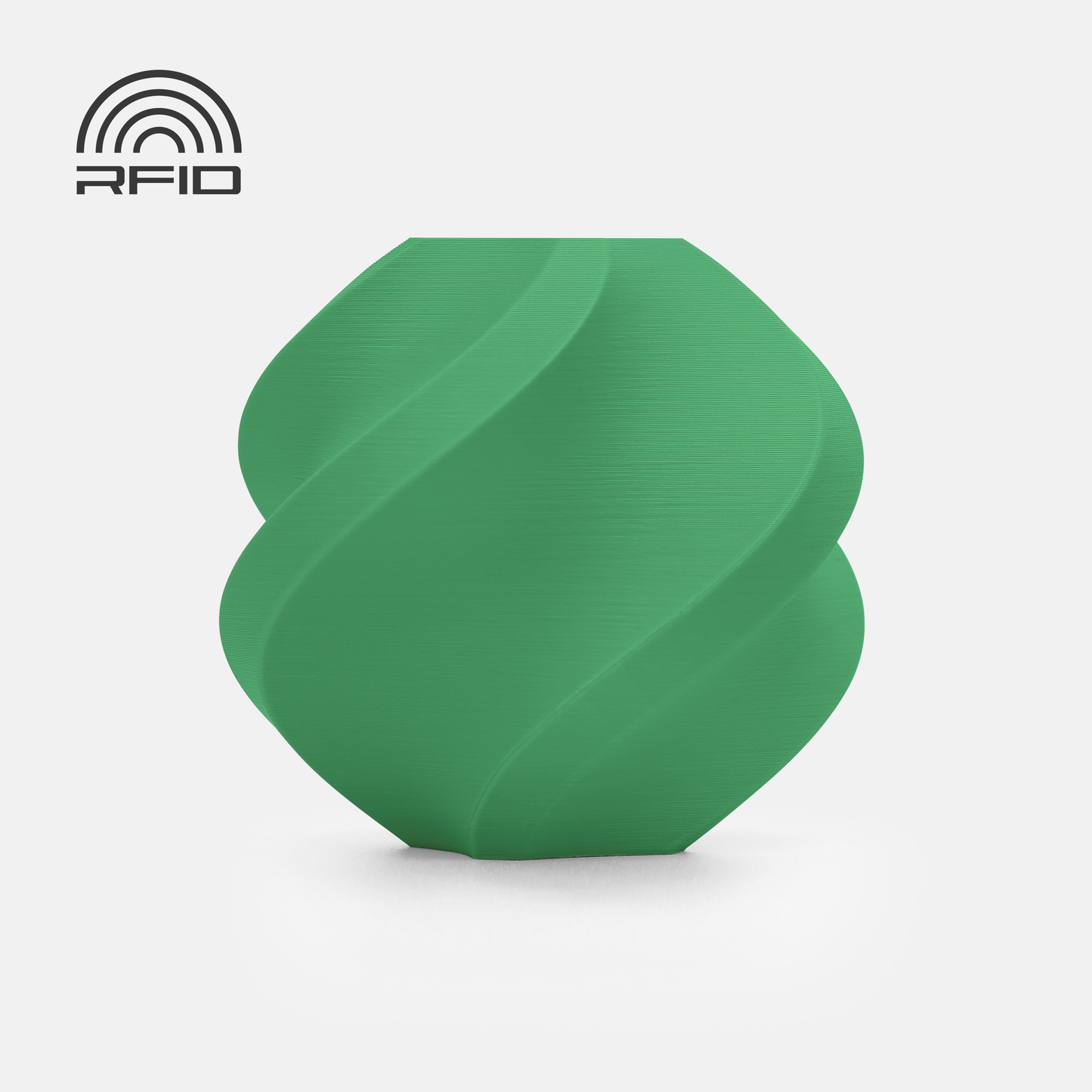 A green geometric vase with a spiral pattern and matte finish, 3D printed using BambuLab Filament Matte from 3D Printing Perth - Cirrus Link, features an RFID icon at the top left on a white background.