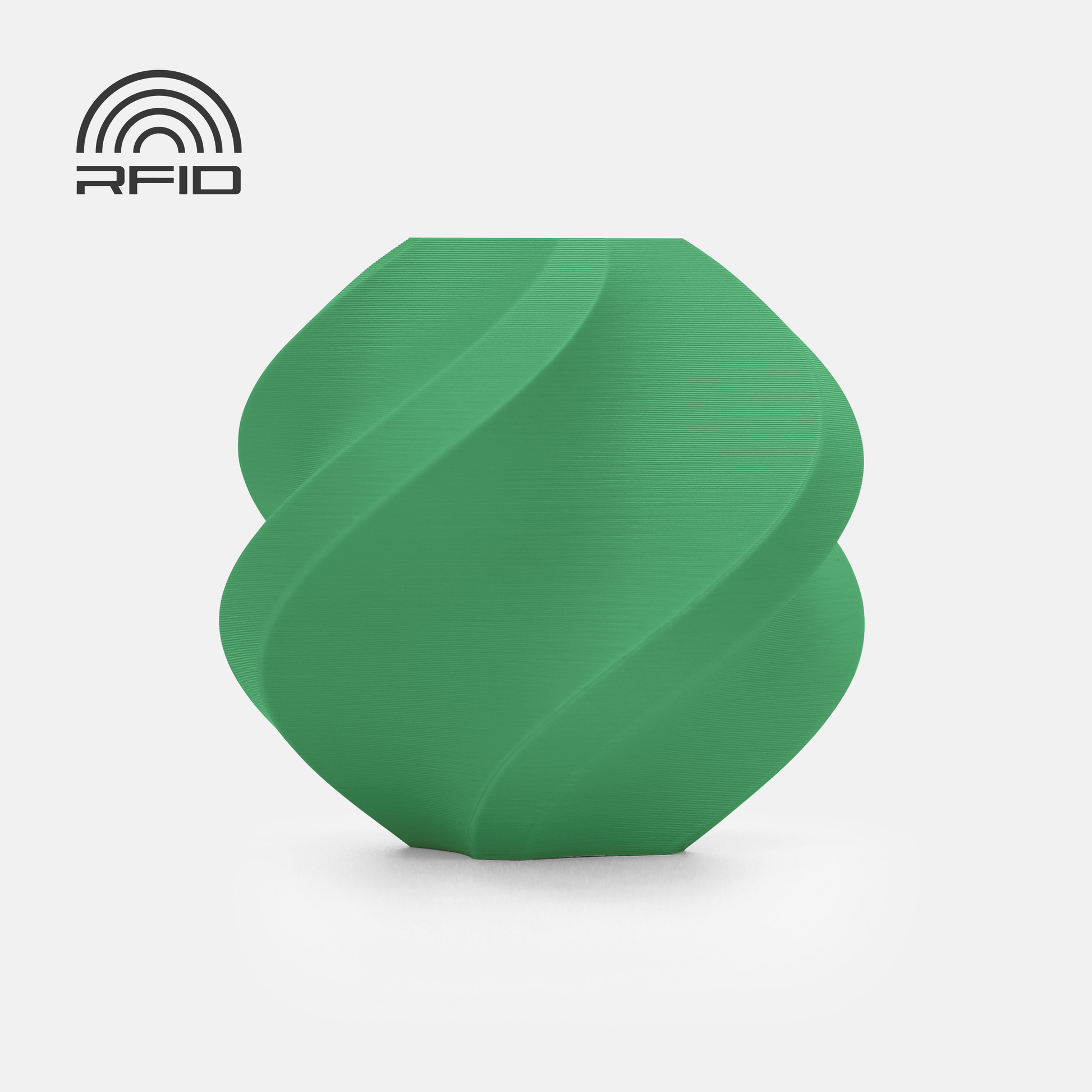A green geometric vase with a spiral pattern and matte finish, 3D printed using BambuLab Filament Matte from 3D Printing Perth - Cirrus Link, features an RFID icon at the top left on a white background.