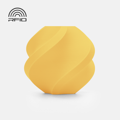 The BambuLab Filament Matte by 3D Printing Perth - Cirrus Link is displayed on a white background, featuring a yellow vase with geometric patterns and a matte finish, plus an RFID logo in the top left corner.