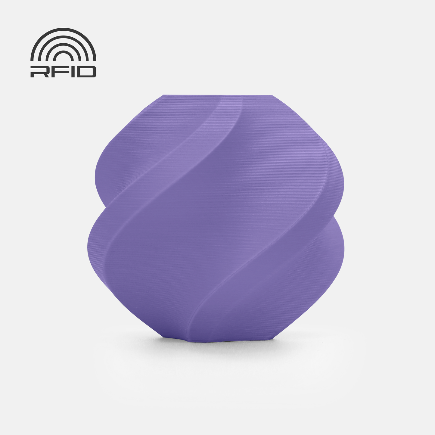 The BambuLab Filament Matte by 3D Printing Perth - Cirrus Link is a purple, spiral-patterned, rounded object with a matte finish and an RFID symbol in the top left corner, shown on a white background.