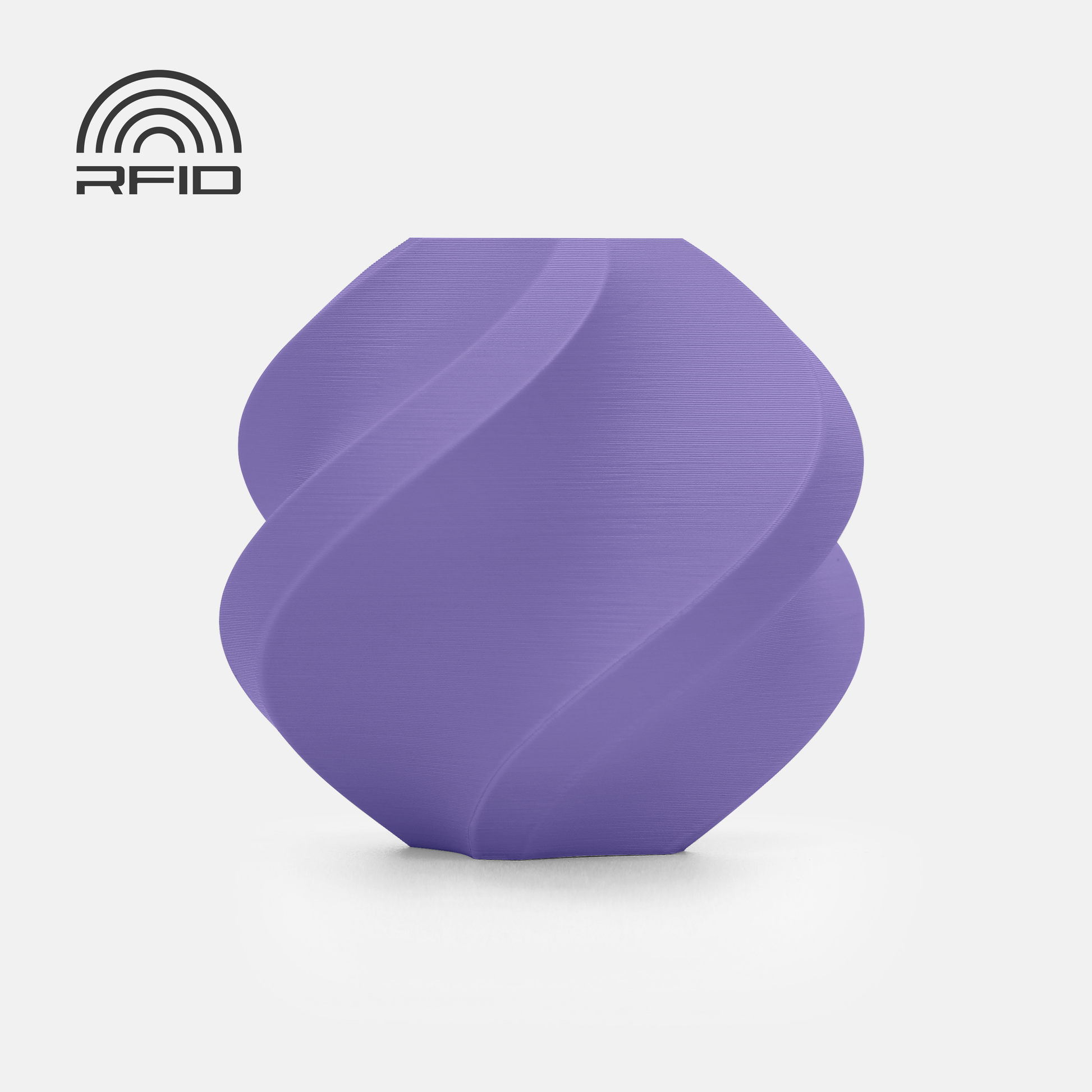 The BambuLab Filament Matte by 3D Printing Perth - Cirrus Link is a purple, spiral-patterned, rounded object with a matte finish and an RFID symbol in the top left corner, shown on a white background.