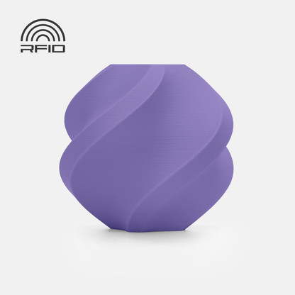 The BambuLab Filament Matte by 3D Printing Perth - Cirrus Link is a purple, spiral-patterned, rounded object with a matte finish and an RFID symbol in the top left corner, shown on a white background.