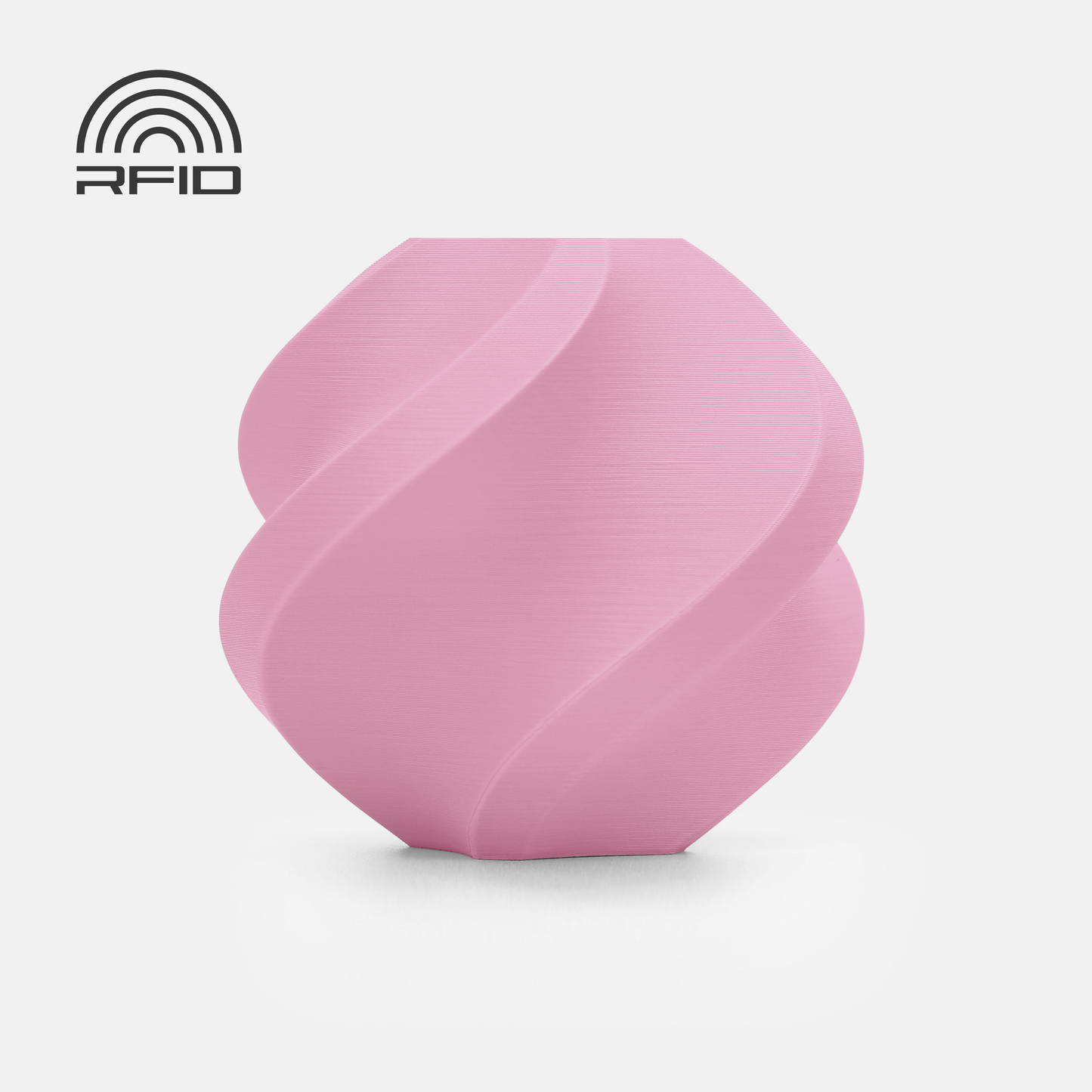 The BambuLab Filament Matte by 3D Printing Perth - Cirrus Link is a pink, geometric, spiral-shaped item with a matte finish and an RFID symbol in the top left corner, shown on a white background.