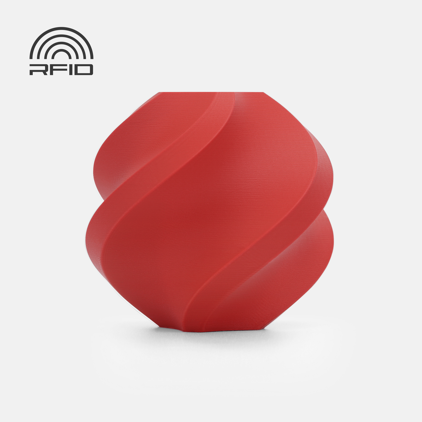 A red, spiral-patterned vase 3D-printed with BambuLab Filament Matte by 3D Printing Perth - Cirrus Link sits on a white background, featuring an RFID symbol in the top left corner.