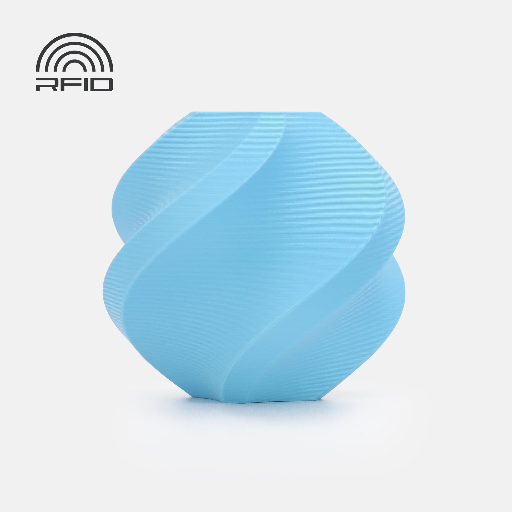 A blue, spiral-shaped object 3D printed with BambuLab Filament Matte from 3D Printing Perth - Cirrus Link, featuring a matte finish and an RFID symbol in the top left corner, is shown against a plain white background.
