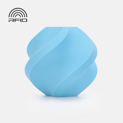 A blue, spiral-shaped object 3D printed with BambuLab Filament Matte from 3D Printing Perth - Cirrus Link, featuring a matte finish and an RFID symbol in the top left corner, is shown against a plain white background.