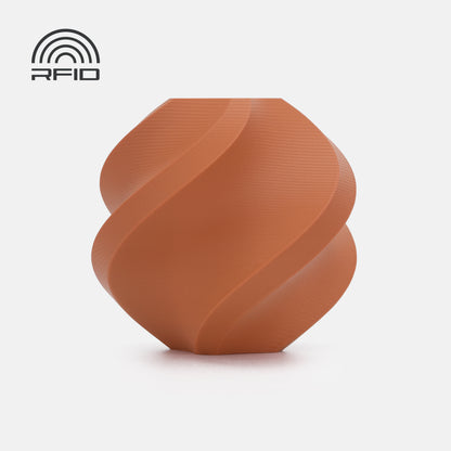 A brown, spiral-shaped object made from BambuLab Filament Matte by 3D Printing Perth - Cirrus Link (1.75mm) is displayed against a white background with an RFID logo in the top left corner.