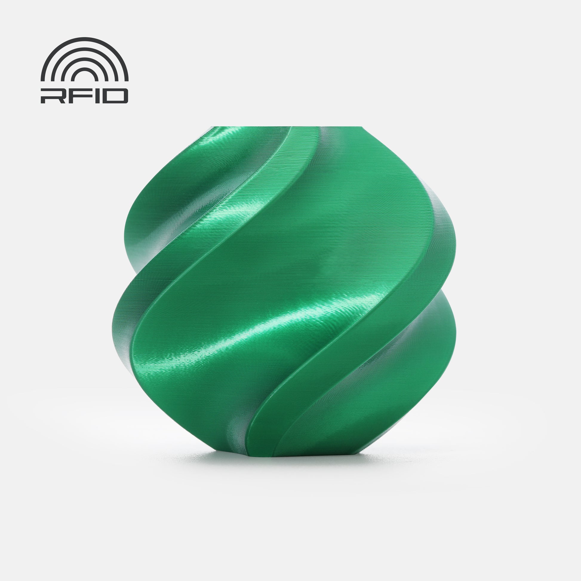 A green, spiral-shaped object made from BambuLab PLA Silk+ by 3D Printing Perth - Cirrus Link sits on a white background with an RFID logo in the top left corner.
