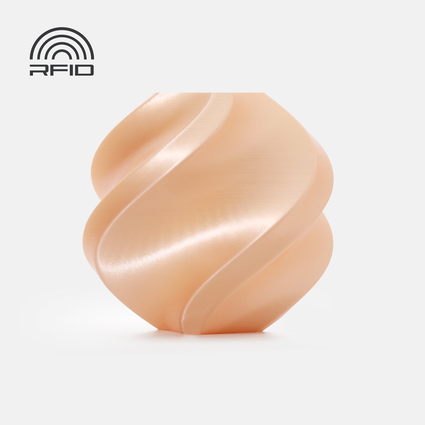 A smooth, peach-colored, spiral object made from beginner-friendly BambuLab PLA Silk+ filament by 3D Printing Perth - Cirrus Link is displayed on a white background with an RFID symbol in the top left corner.