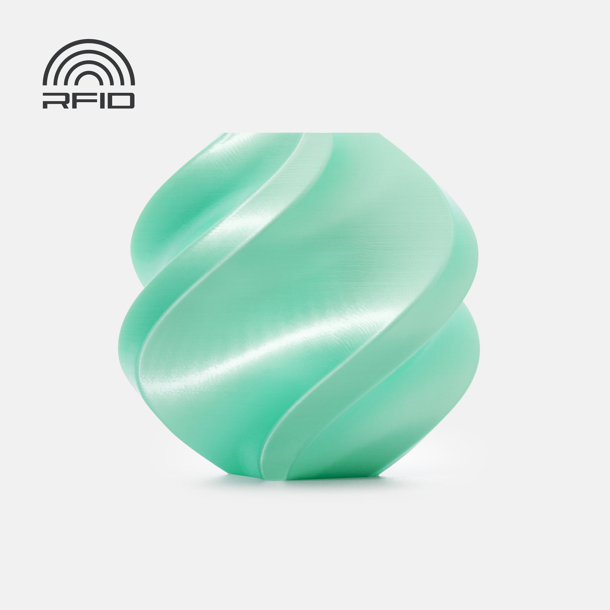 A smooth, mint-green, spiral-shaped object made from BambuLab PLA Silk+ by 3D Printing Perth - Cirrus Link stands against a white background, with an RFID symbol in the top left corner.